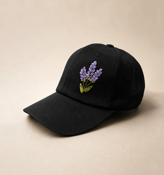 Lavender Embroidered Black Cap