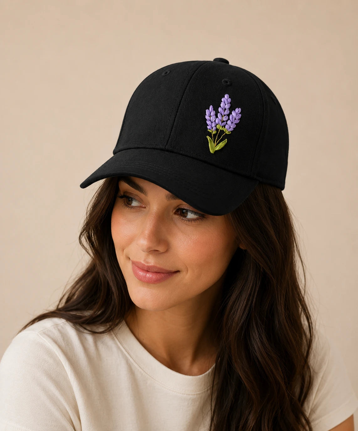 Lavender Embroidered Black Cap