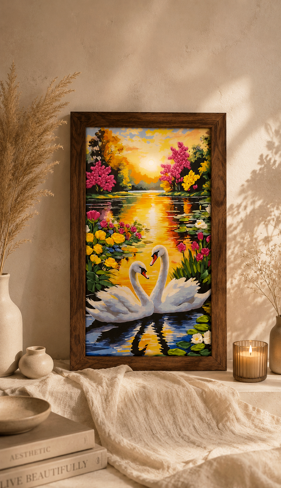 Golden Swan Lake Ribbon Embroidery Wall Art