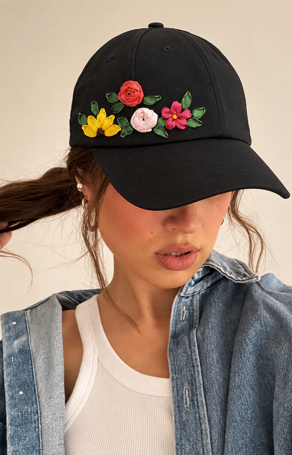 Colorful Floral Embroidered Black Cap