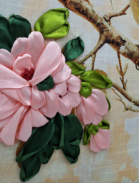 Bluebird Blossom Ribbon Embroidery Wall Art