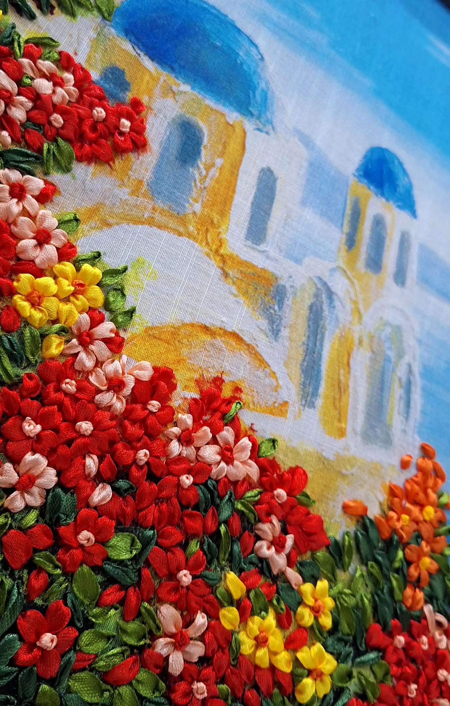 Santorini Bloom Ribbon Embroidery Wall Art