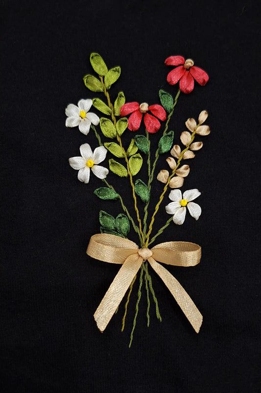 Wildflower Bouquet Embroidered Black T-Shirt