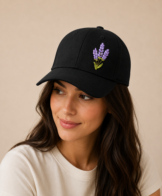 Lavender Embroidered Black Cap