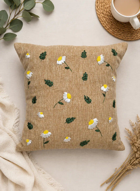 Daisy Embroidered Cushion – Handmade Floral Pillow Cover