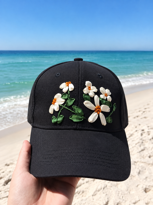 White Blossom Ribbon Embroidery Black Cap