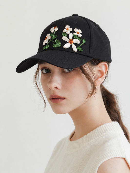 White Blossom Ribbon Embroidery Black Cap