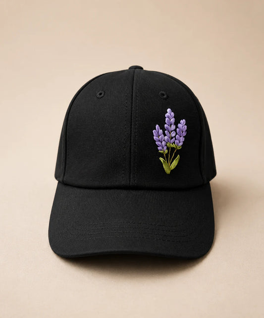 Lavender Embroidered Black Cap