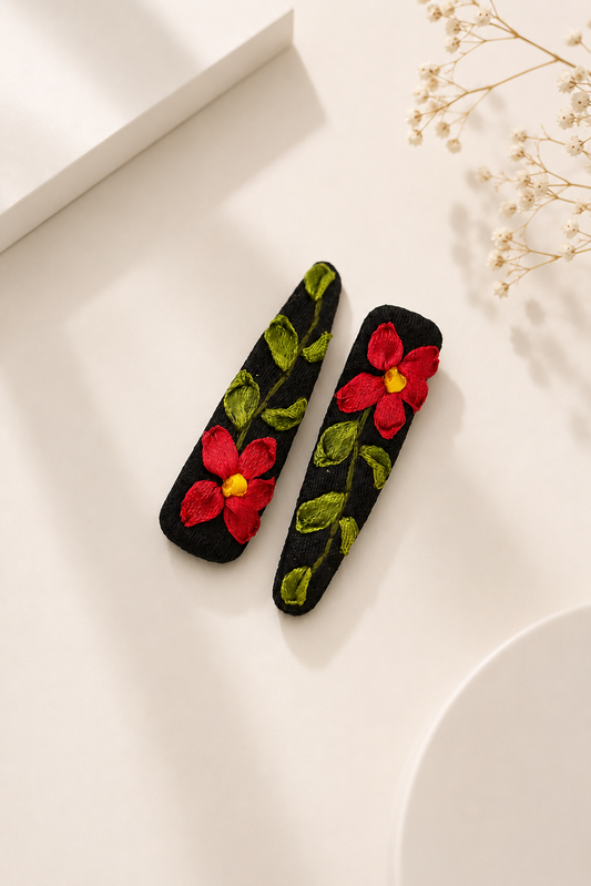 Red Floral  - Hair Pins