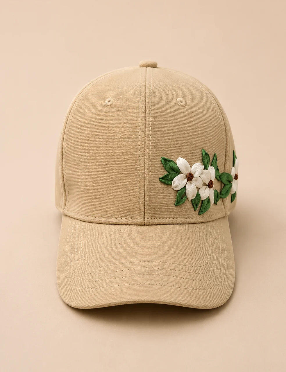 White Floral Embroidered Beige Cap