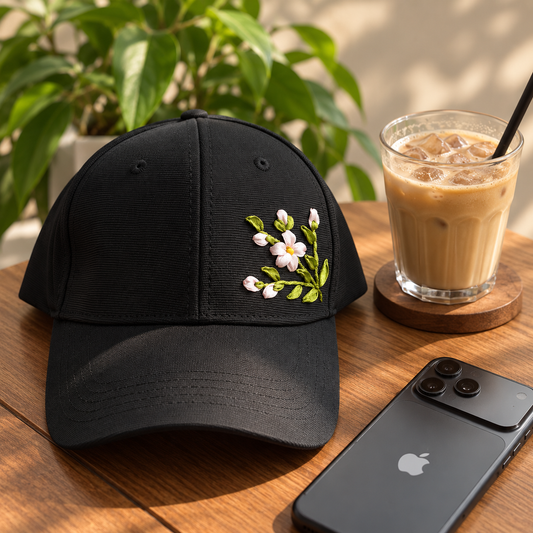 Pink Blossom Ribbon Embroidery Black Cap