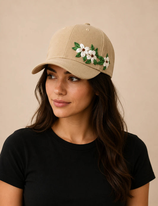 White Floral Embroidered Beige Cap
