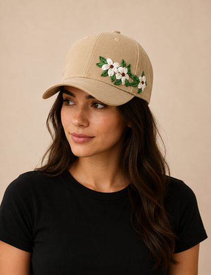 White Floral Embroidered Beige Cap