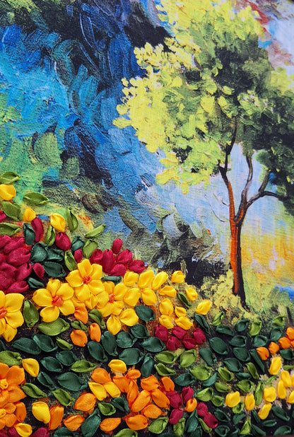 Blooming Meadow Ribbon Embroidery Landscape Art