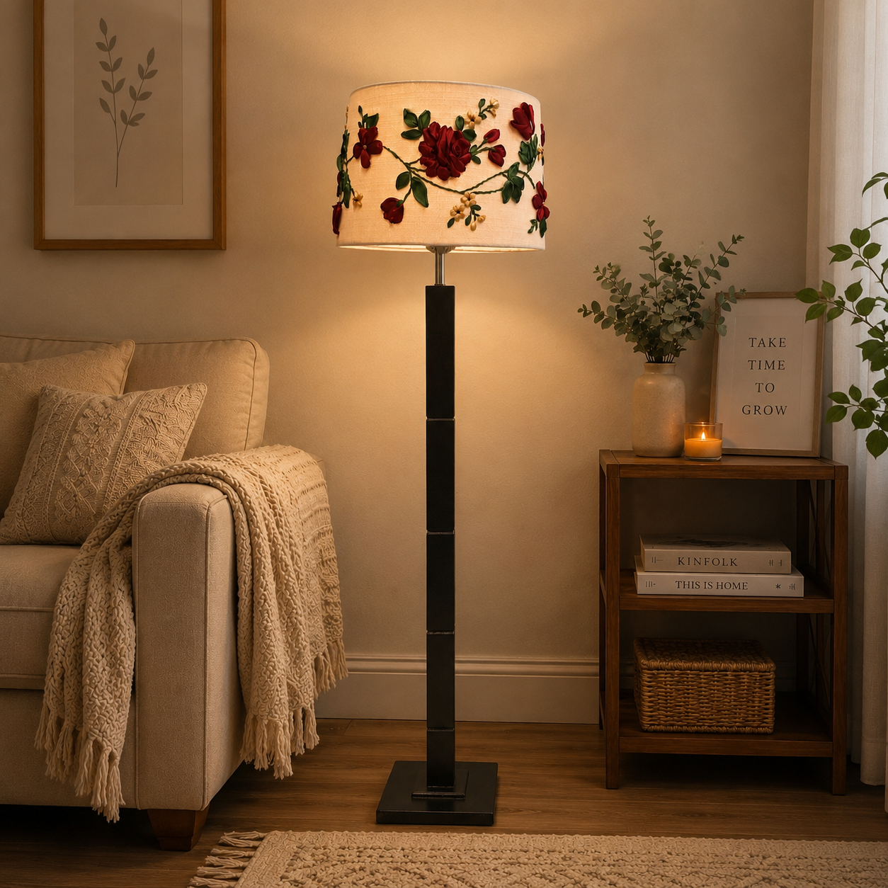 Rose Embroidered Lampshade – Handmade Floral Home Décor