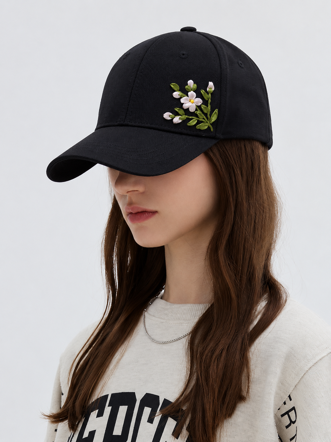 Pink Blossom Ribbon Embroidery Black Cap