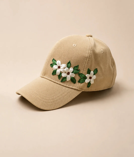 White Floral Embroidered Beige Cap
