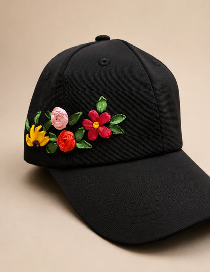 Colorful Floral Embroidered Black Cap