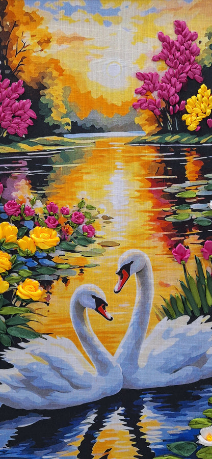 Golden Swan Lake Ribbon Embroidery Wall Art