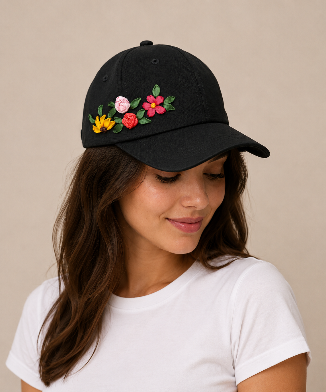 Colorful Floral Embroidered Black Cap