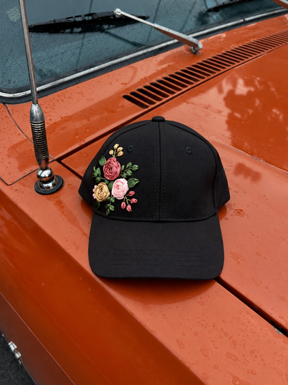 Rose Garden Ribbon Embroidery Black Cap