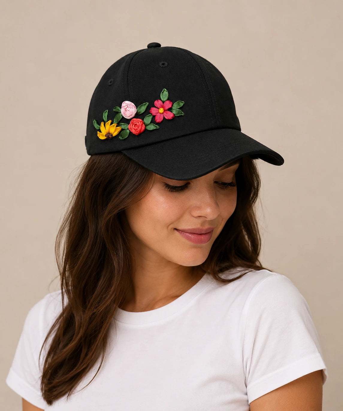 Colorful Floral Embroidered Black Cap