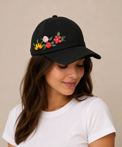 Colorful Floral Embroidered Black Cap