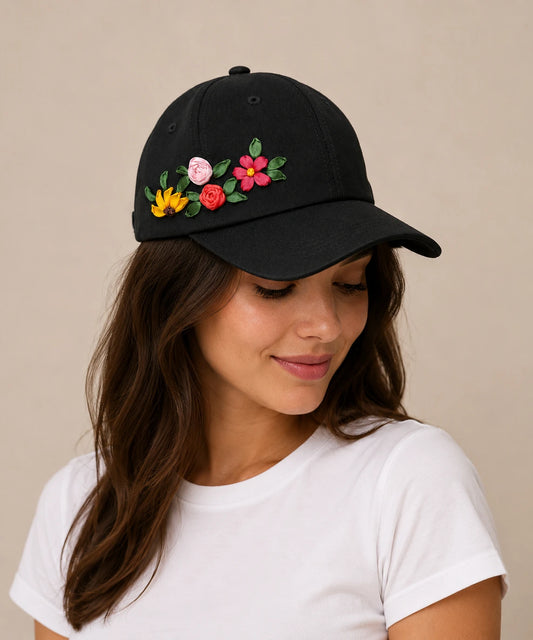 Colorful Floral Embroidered Black Cap