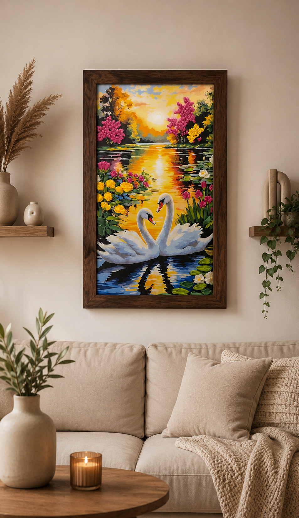 Golden Swan Lake Ribbon Embroidery Wall Art