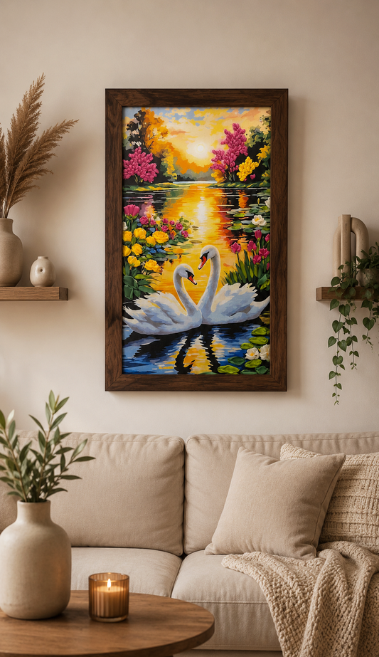 Golden Swan Lake Ribbon Embroidery Wall Art