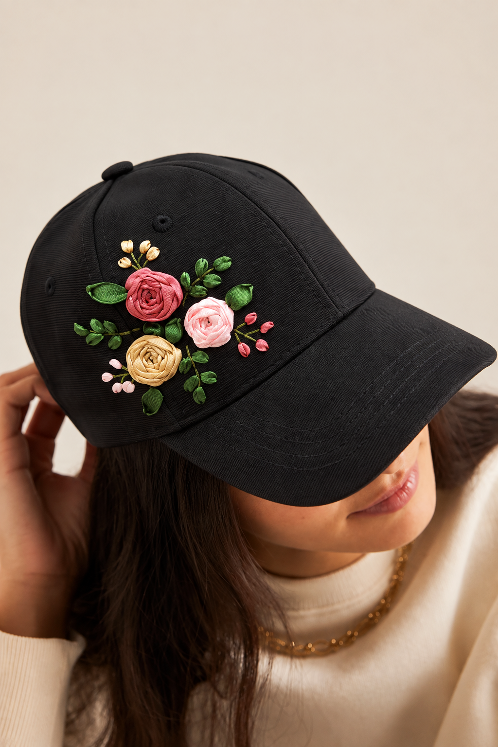 Rose Garden Ribbon Embroidery Black Cap
