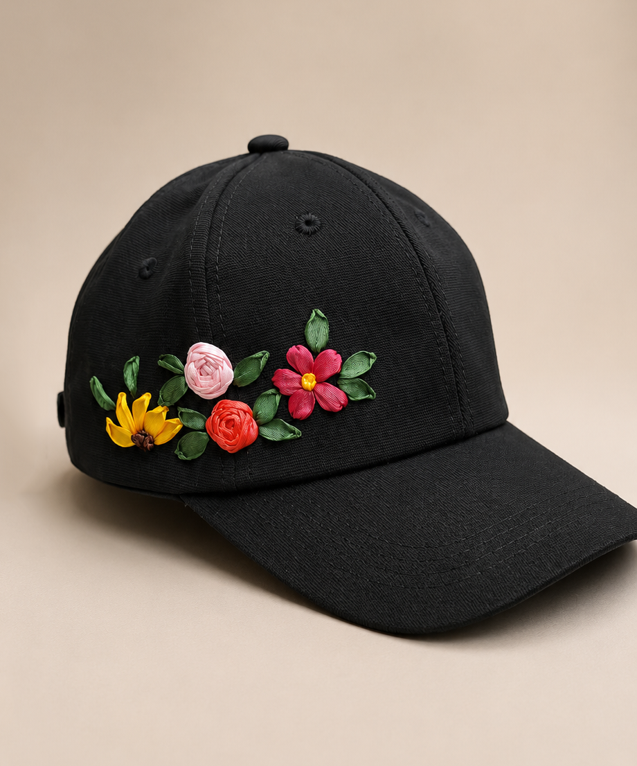 Colorful Floral Embroidered Black Cap