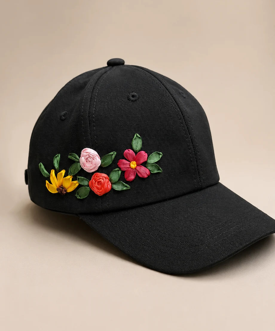 Colorful Floral Embroidered Black Cap