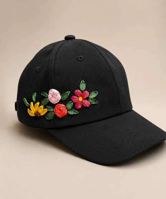 Colorful Floral Embroidered Black Cap
