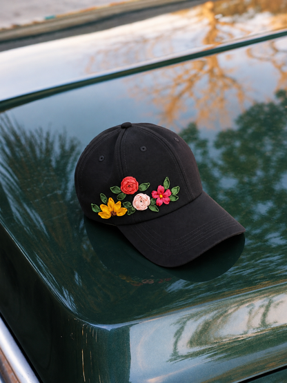 Colorful Floral Embroidered Black Cap