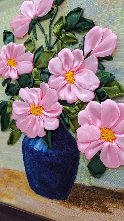 Blush Blossom Ribbon Embroidery Wall Art