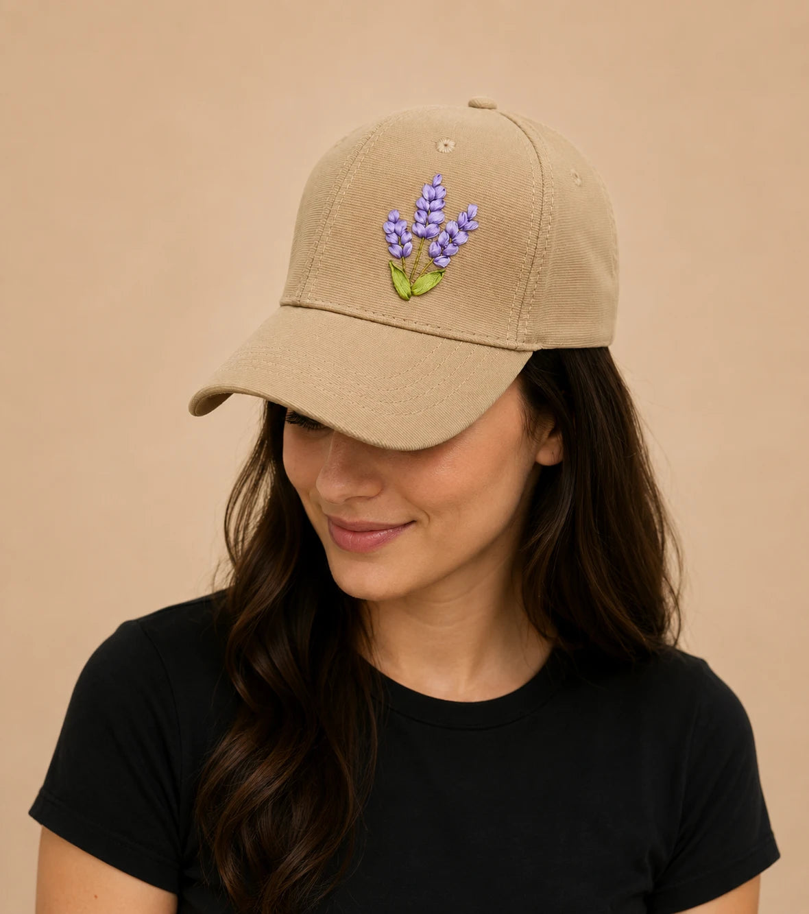 Lavender Embroidered Beige Cap