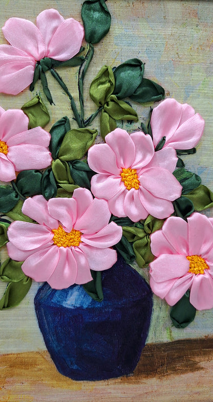 Blush Blossom Ribbon Embroidery Wall Art