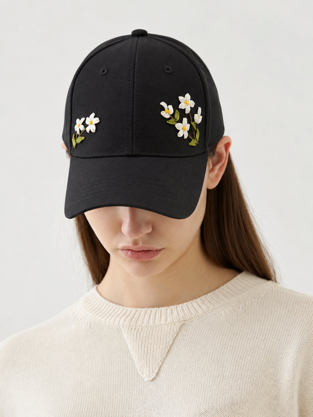Twin Blossom Ribbon Embroidery Black Cap