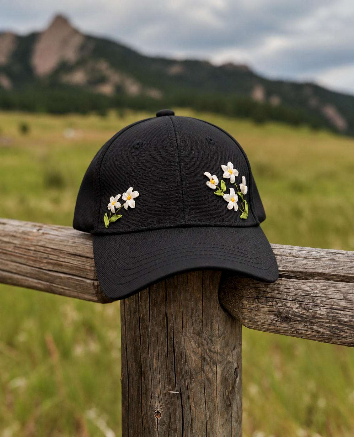 Twin Blossom Ribbon Embroidery Black Cap