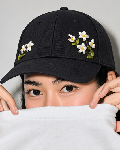 Twin Blossom Ribbon Embroidery Black Cap