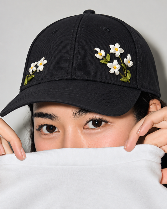 Twin Blossom Ribbon Embroidery Black Cap