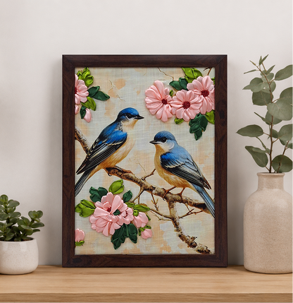 Bluebird Blossom Ribbon Embroidery Wall Art