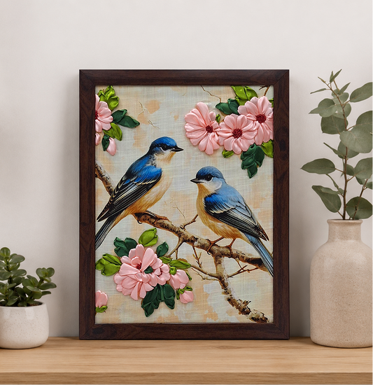 Bluebird Blossom Ribbon Embroidery Wall Art