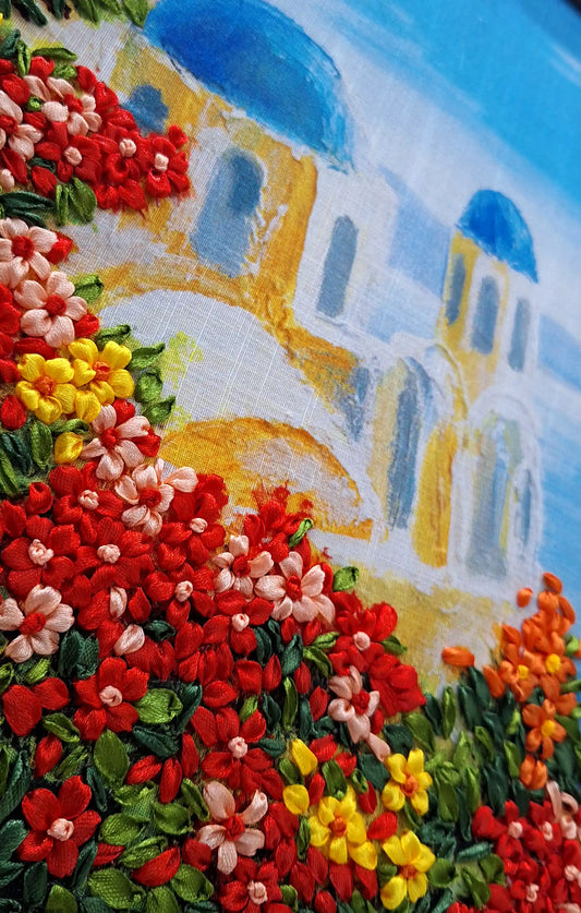 Santorini Bloom Ribbon Embroidery Wall Art