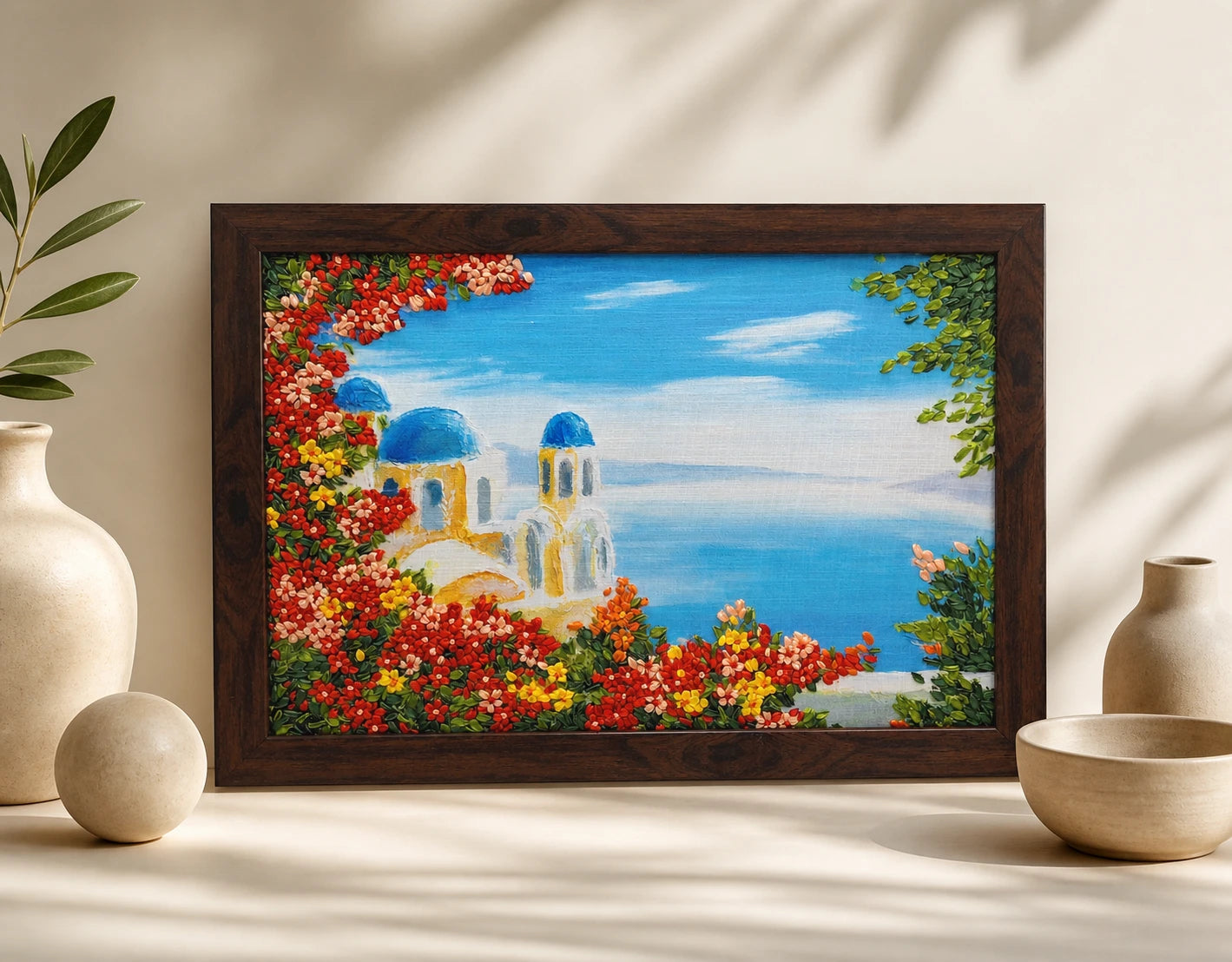 Santorini Bloom Ribbon Embroidery Wall Art