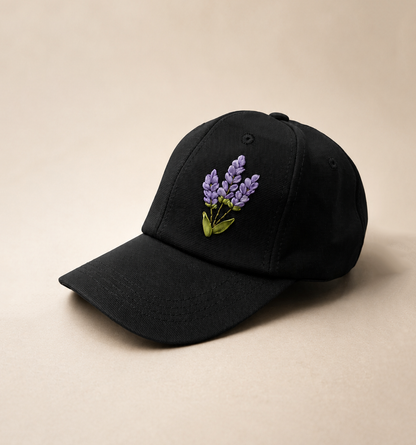 Lavender Embroidered Black Cap