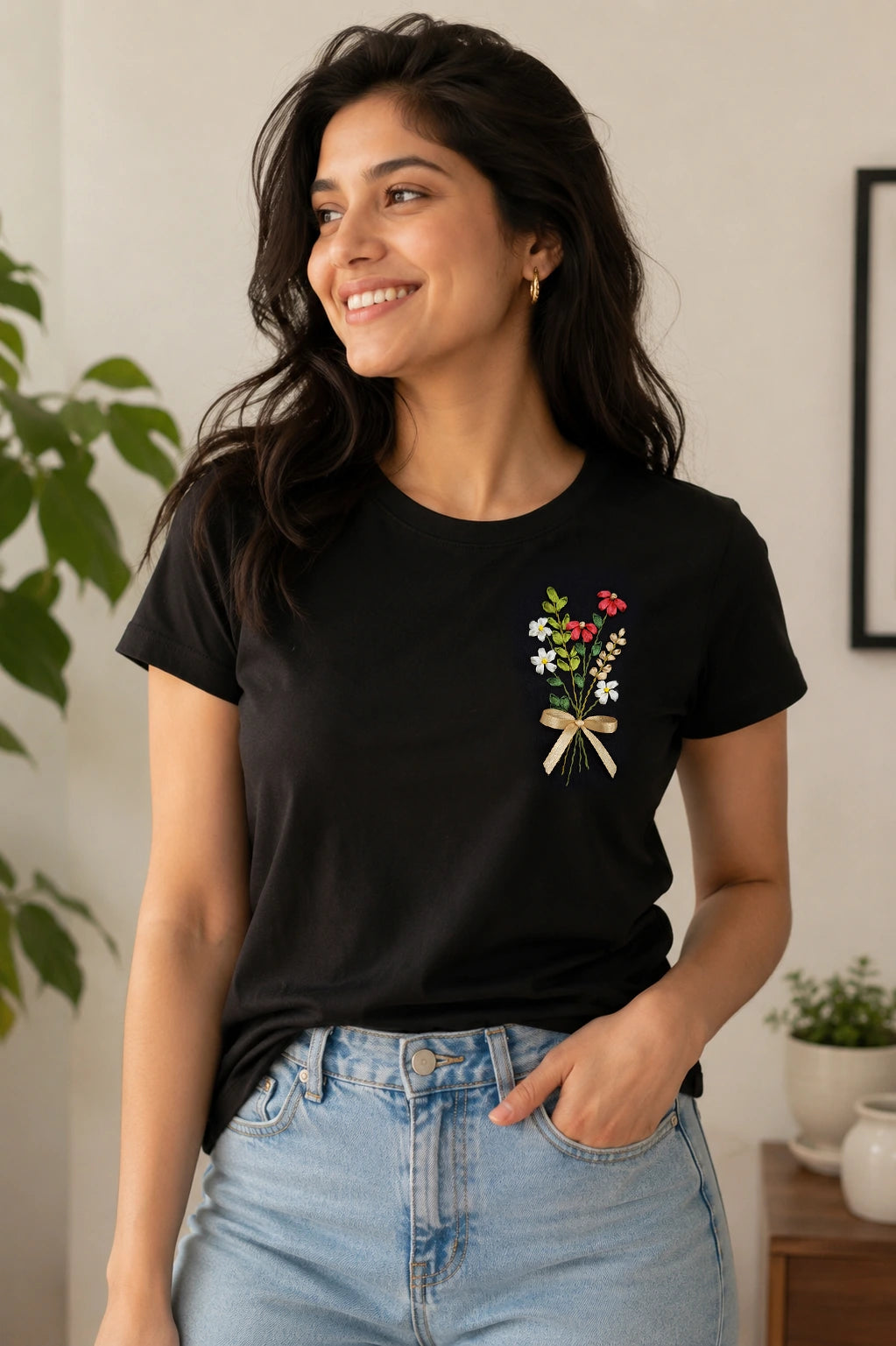 Wildflower Bouquet Embroidered Black T-Shirt