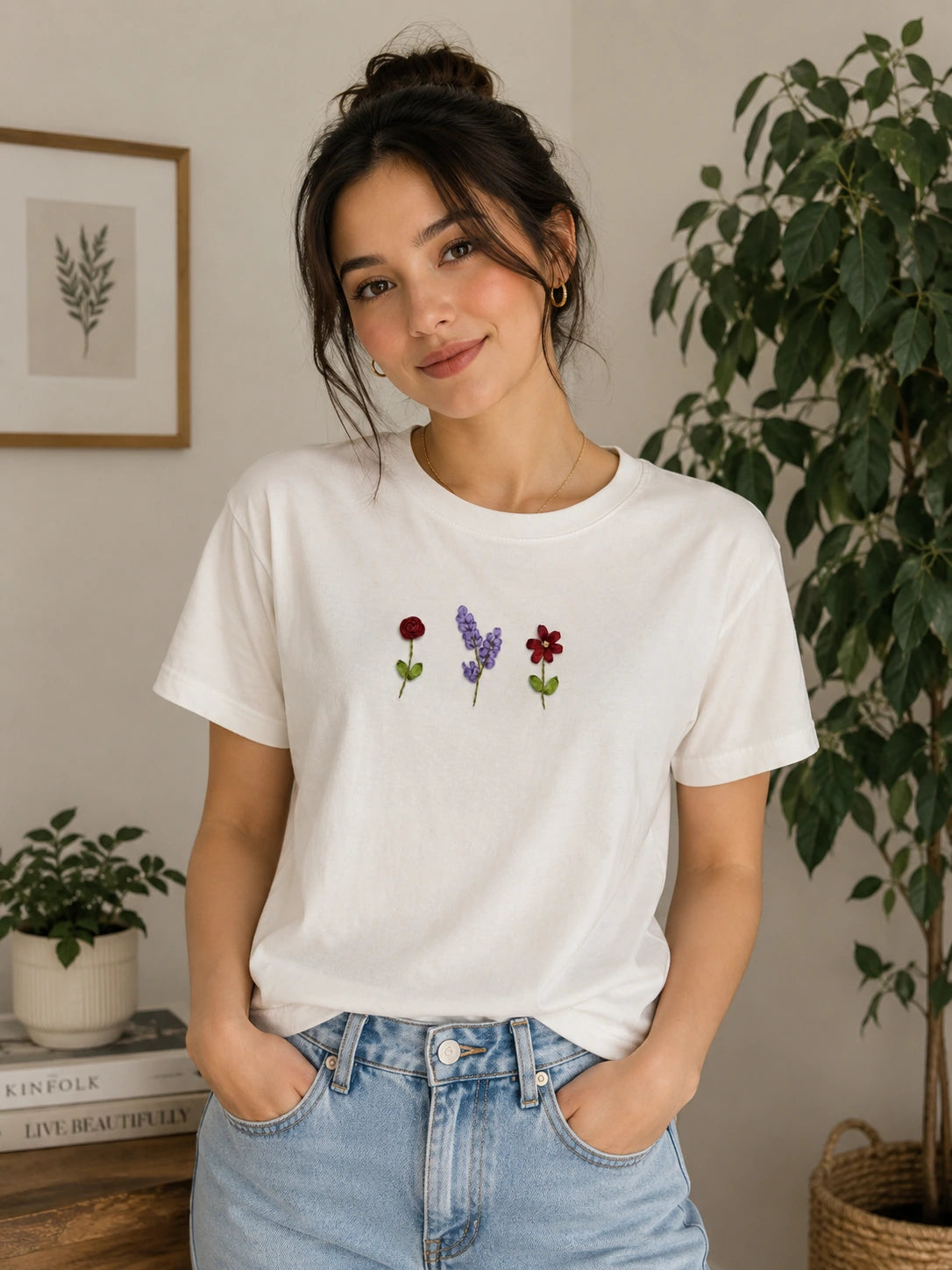 Minimal Floral Embroidered White T-Shirt