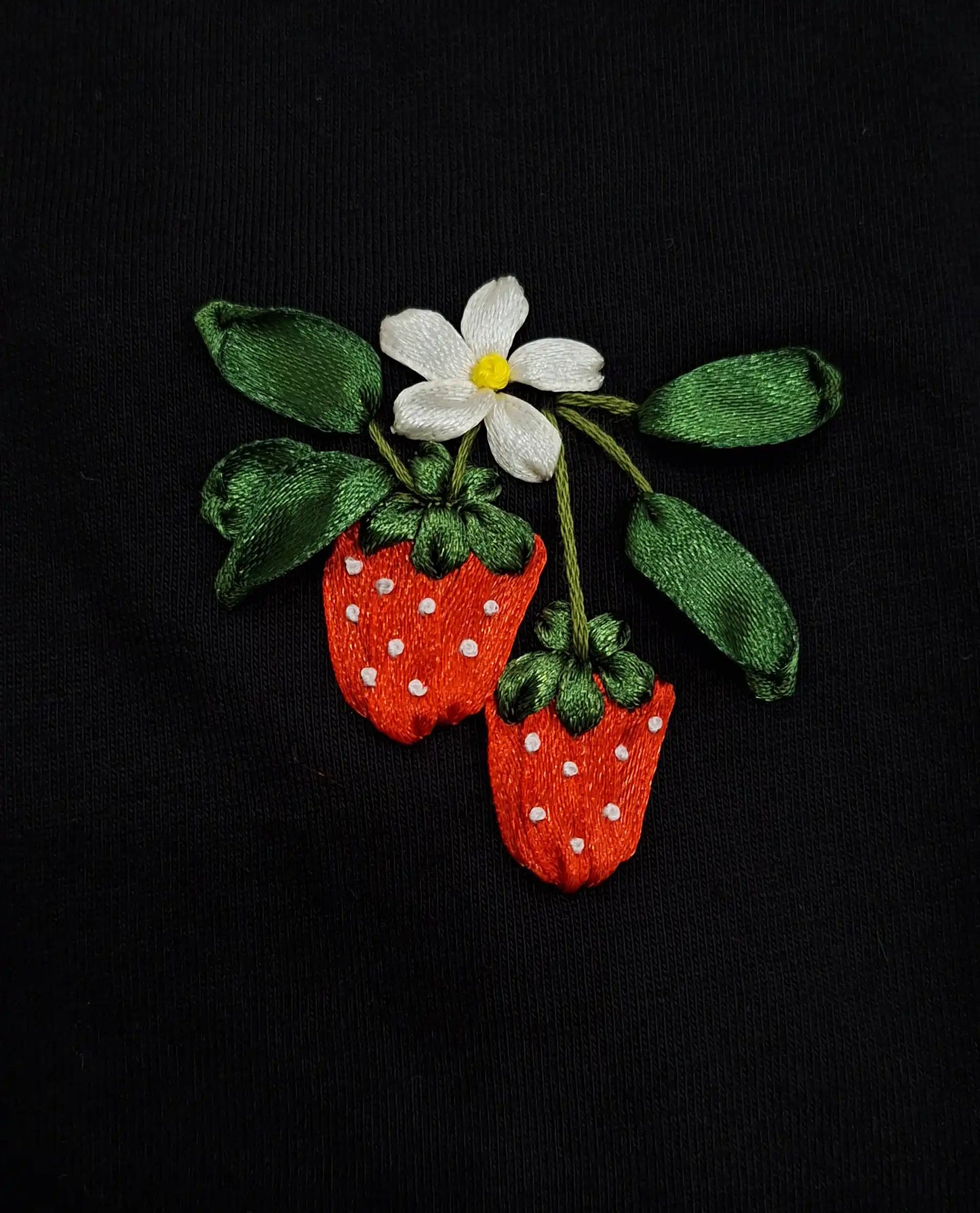 Strawberry Blossom Embroidered Black T-Shirt